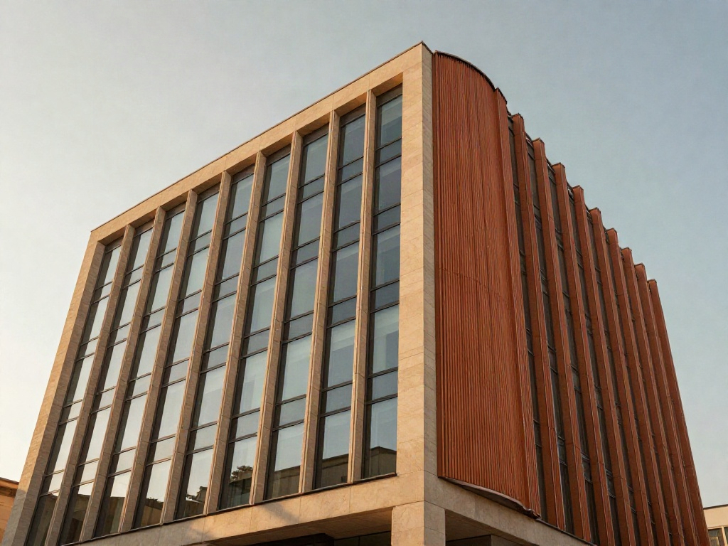 Sunlight reveals the clean lines of a contemporary glass and terracotta corporate building.