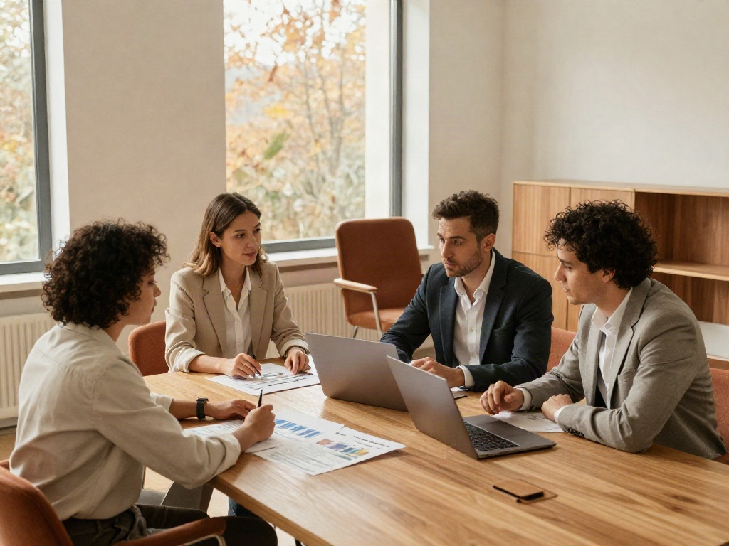 An illustrative strategy session with consultants reviewing business charts around a conference table.